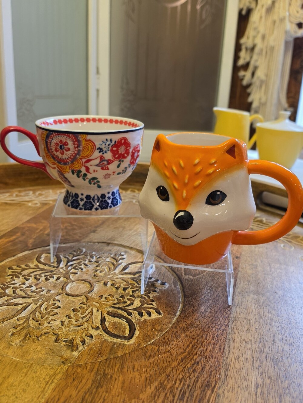 Yokohama Studio Hand Painted Floral Teacup & 3D Fox Figural Ceramic Mug Set Boho
